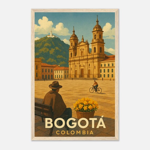 Bogot Colombia Vintage Travel Poster Plaza And Cathedral Wall Art Monserrate Hill View South America Decor Print