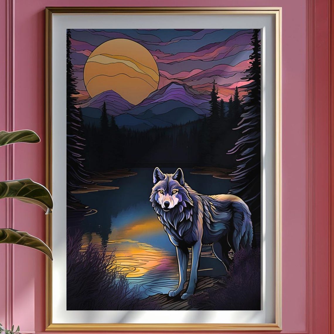 Purple Sunset Wolf Art Tranquil Lake Canvas Framedunframed Print Or Poster 75