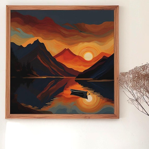 Mountain Lake Sunset Art Print Solitary Boat Framedunframed Canvas Or Poster 5