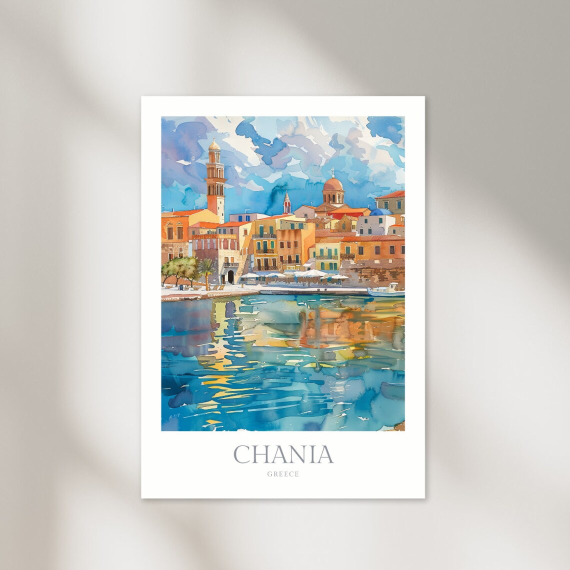 Chania Greece Watercolor Travel Poster, Venetian Harbour