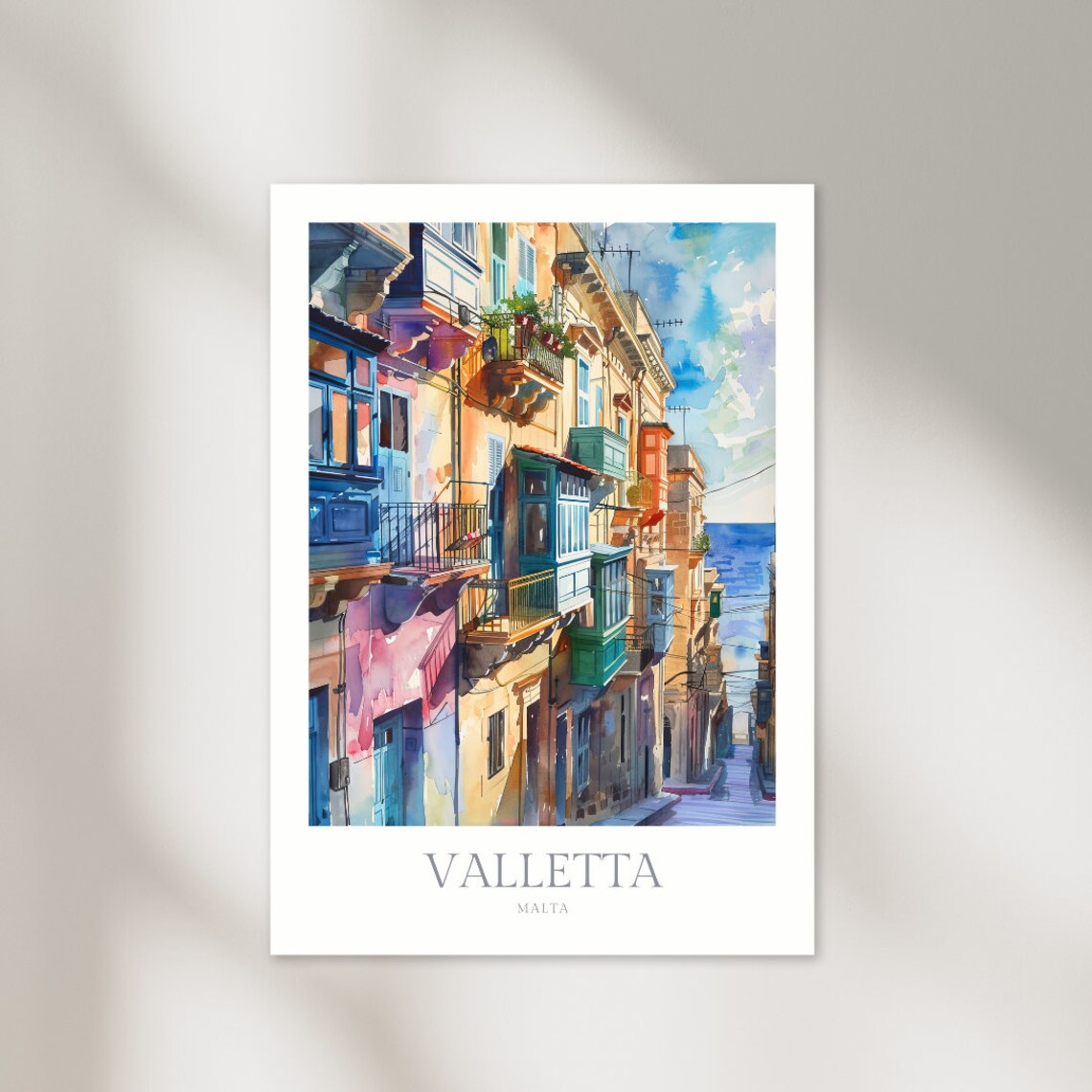 Valletta Malta Colorful Balconies Old Street Seaside Watercolor Poster
