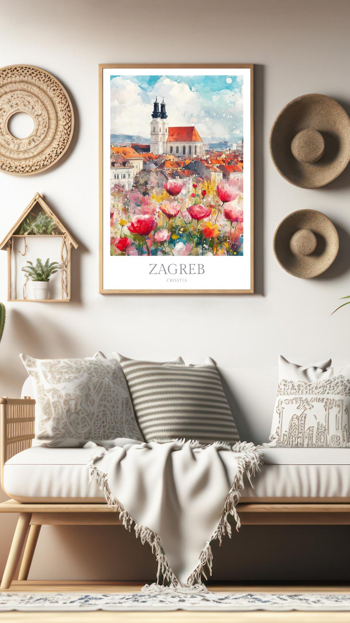 Zagreb Croatia Old Town Rooftops Wildflowers Watercolor City Poster - Image 3