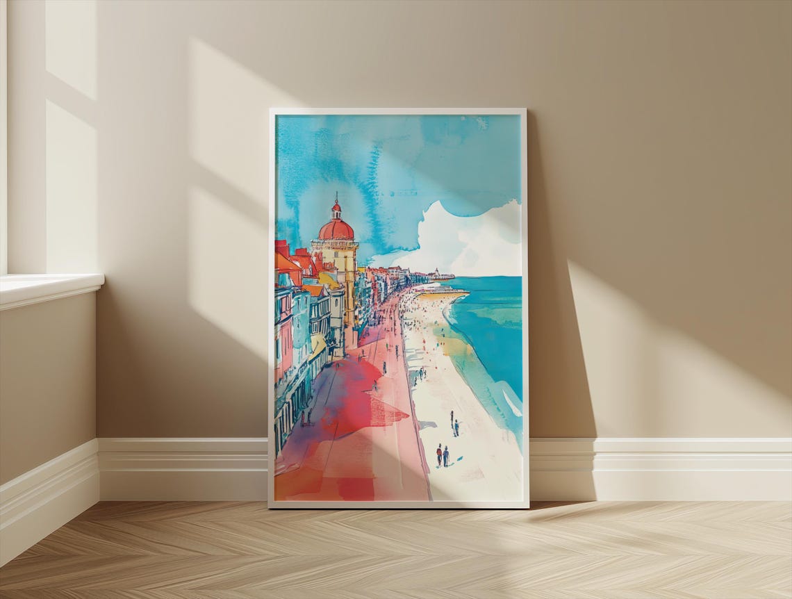 Brighton Beach Waterfront Promenade Red Dome Watercolor Poster - Image 3