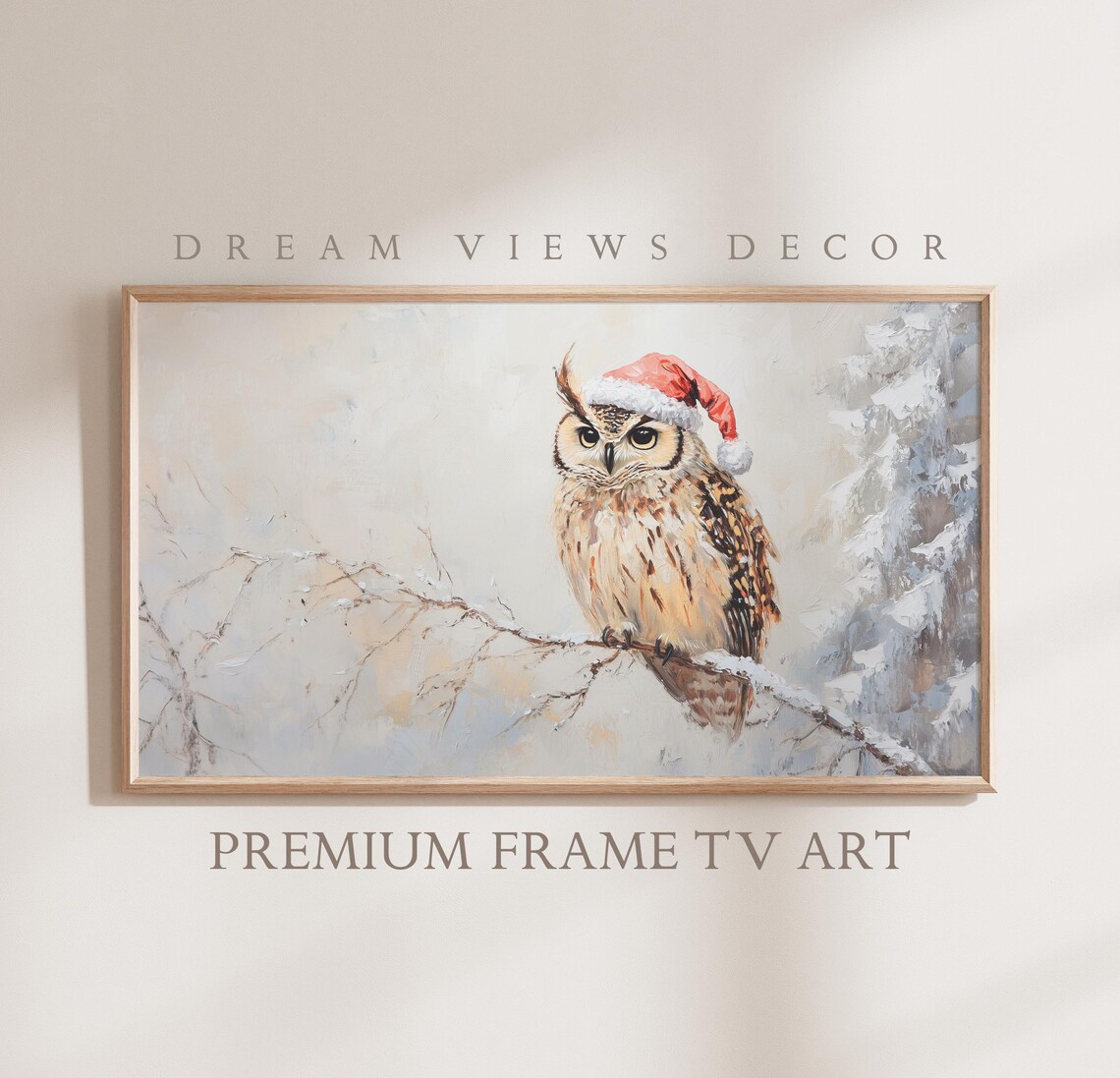 Christmas Owl Santa Hat Snowy Branch Cute Winter Wildlife Wall Art