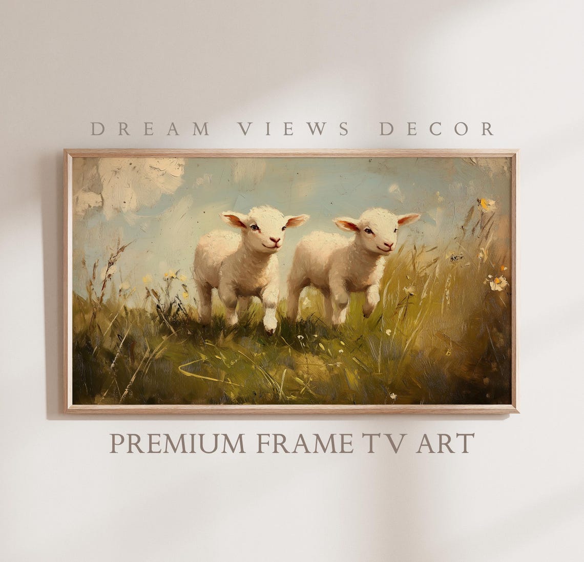 Two Baby Lambs Spring Meadow Vintage Rustic Sheep Oil Painting Poster