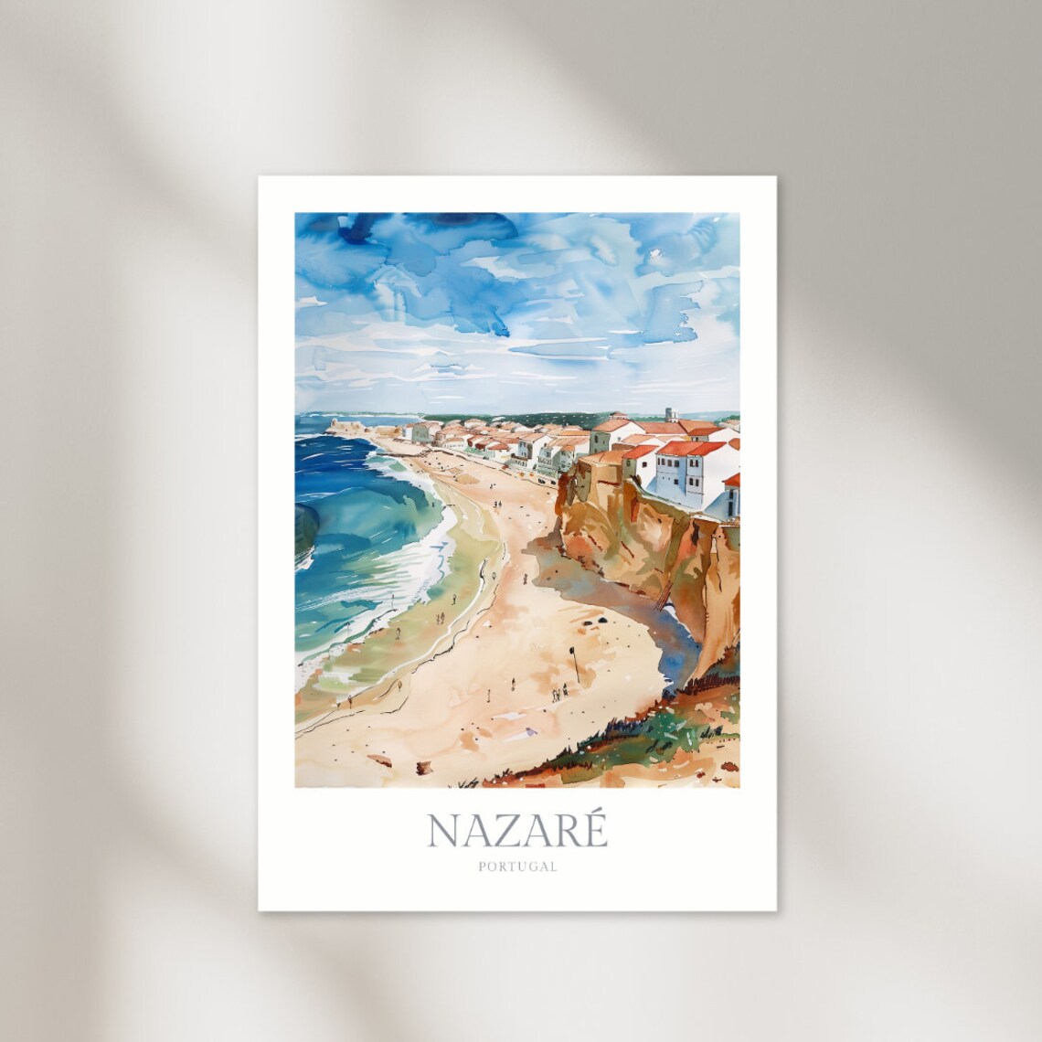 Nazare Portugal Watercolor Beach Cliffs Coastal Town Travel Poster