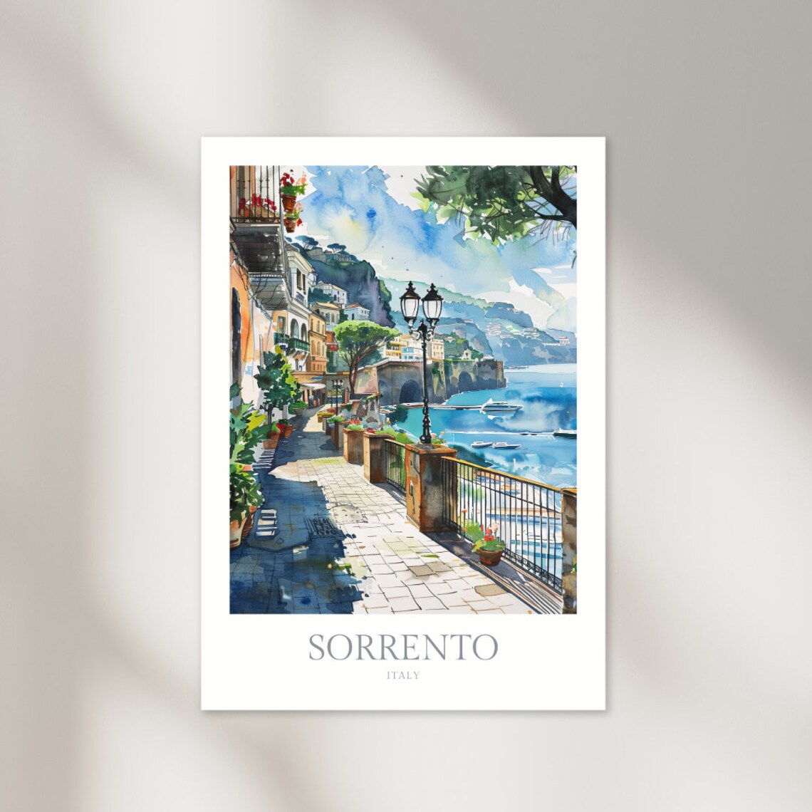Sorrento Italy Watercolor Seaside Promenade Lamps Sea View Poster