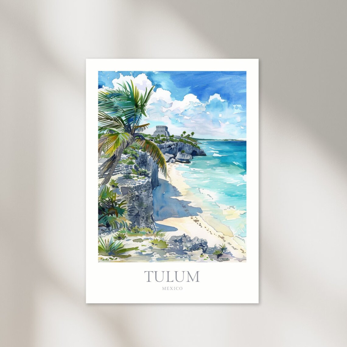 Tulum Mexico Watercolor Travel Poster, Maya Art