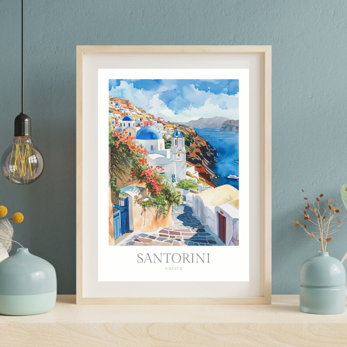 Santorini Greece Watercolor Art Print, Travel Poster - Image 2
