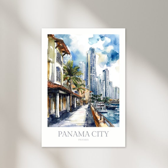 Panama City Panama Watercolor Skyline Waterfront Travel Poster