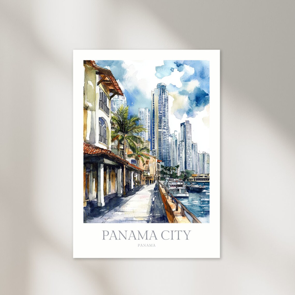 Panama City Panama Watercolor Skyline Waterfront Travel Poster