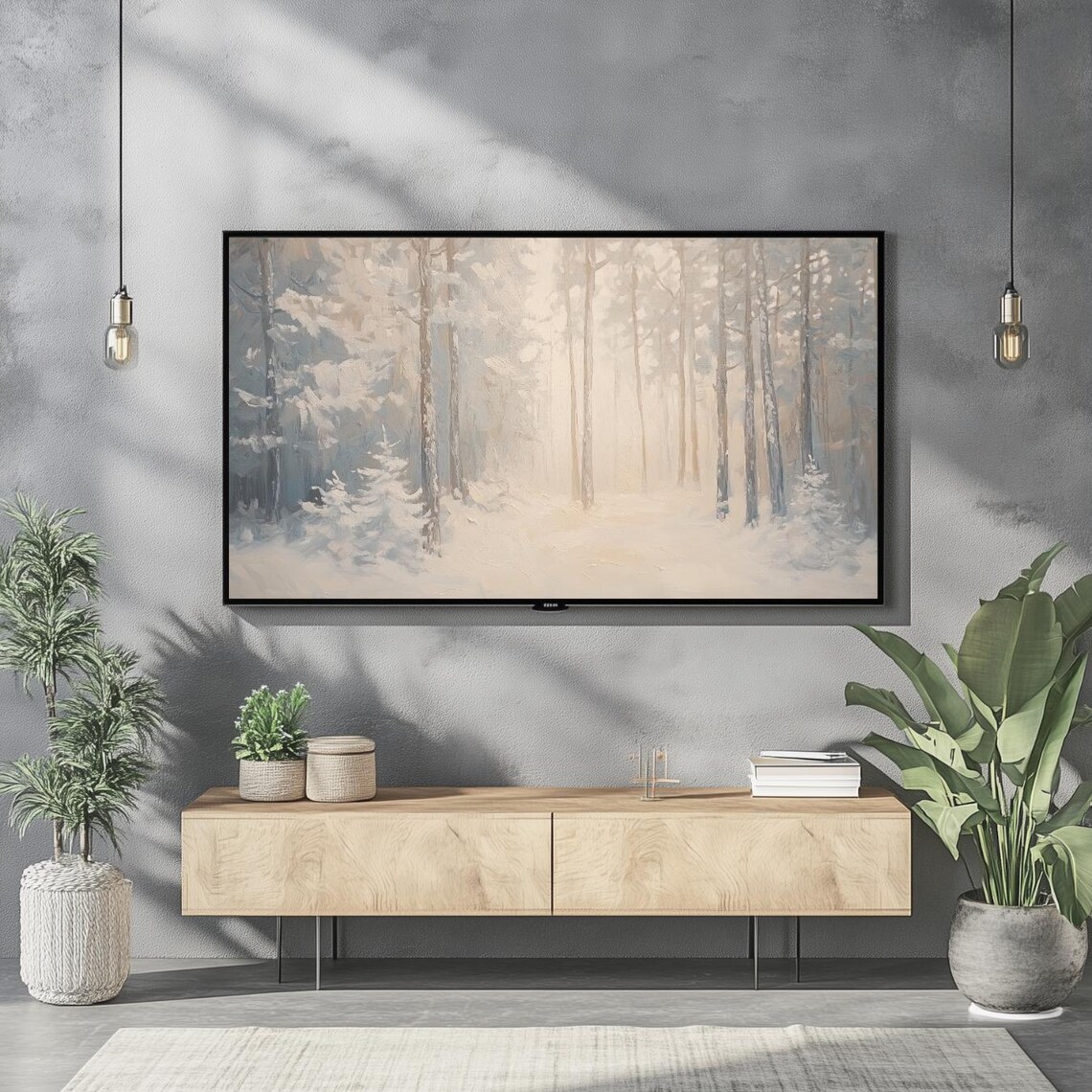 Snowy Birch Forest Misty Winter Neutral Beige Frame TV Art Poster - Image 2