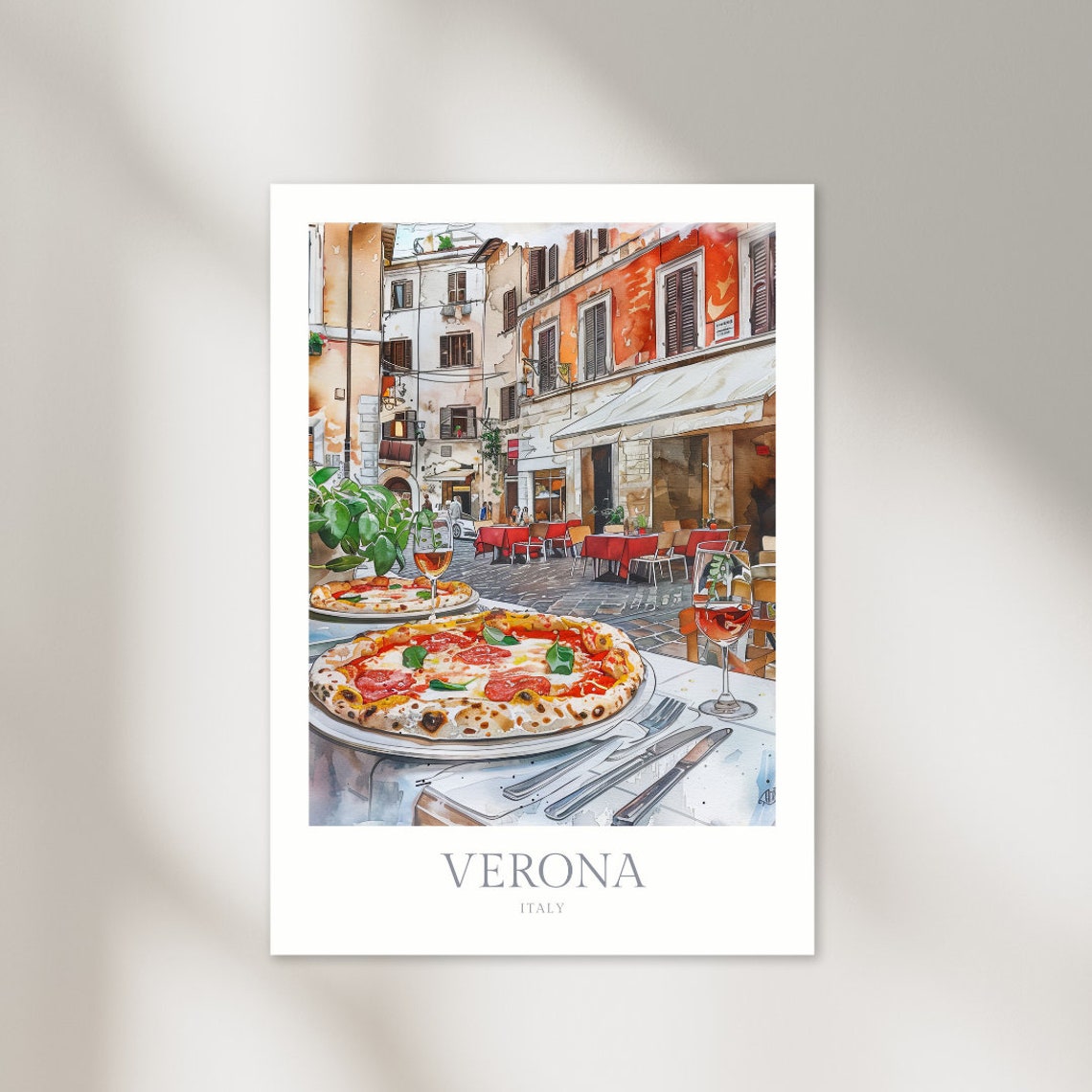 Verona Italy Watercolor Piazza Pizza Cafe Travel Poster Scene