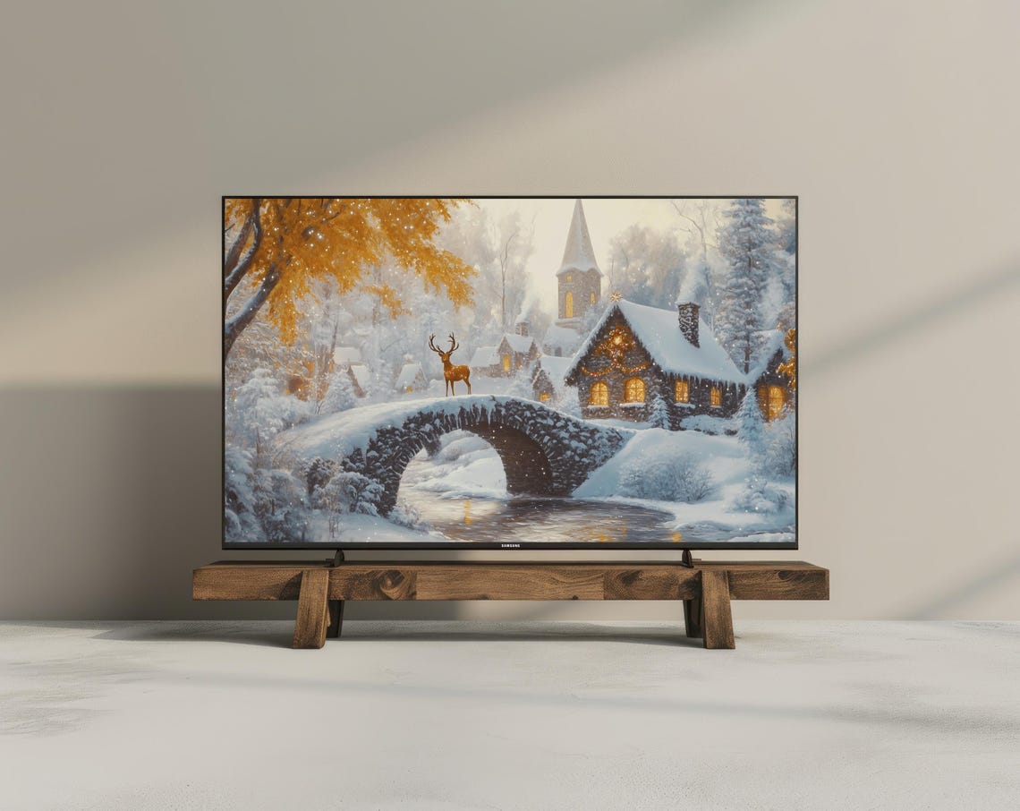 Frame Tv Art For Tv Art Winter Village Farmhouse Christmas Deer Miracle Tv Art Winter Oil Painting Holiday Decor - Image 3