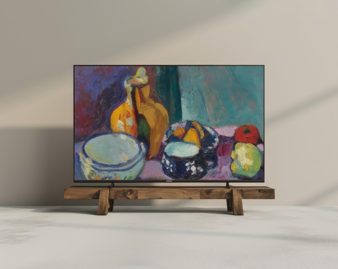 Colorful Fauvist Still Life Bottle Fruit Bowls Modern Painting Print - Image 3