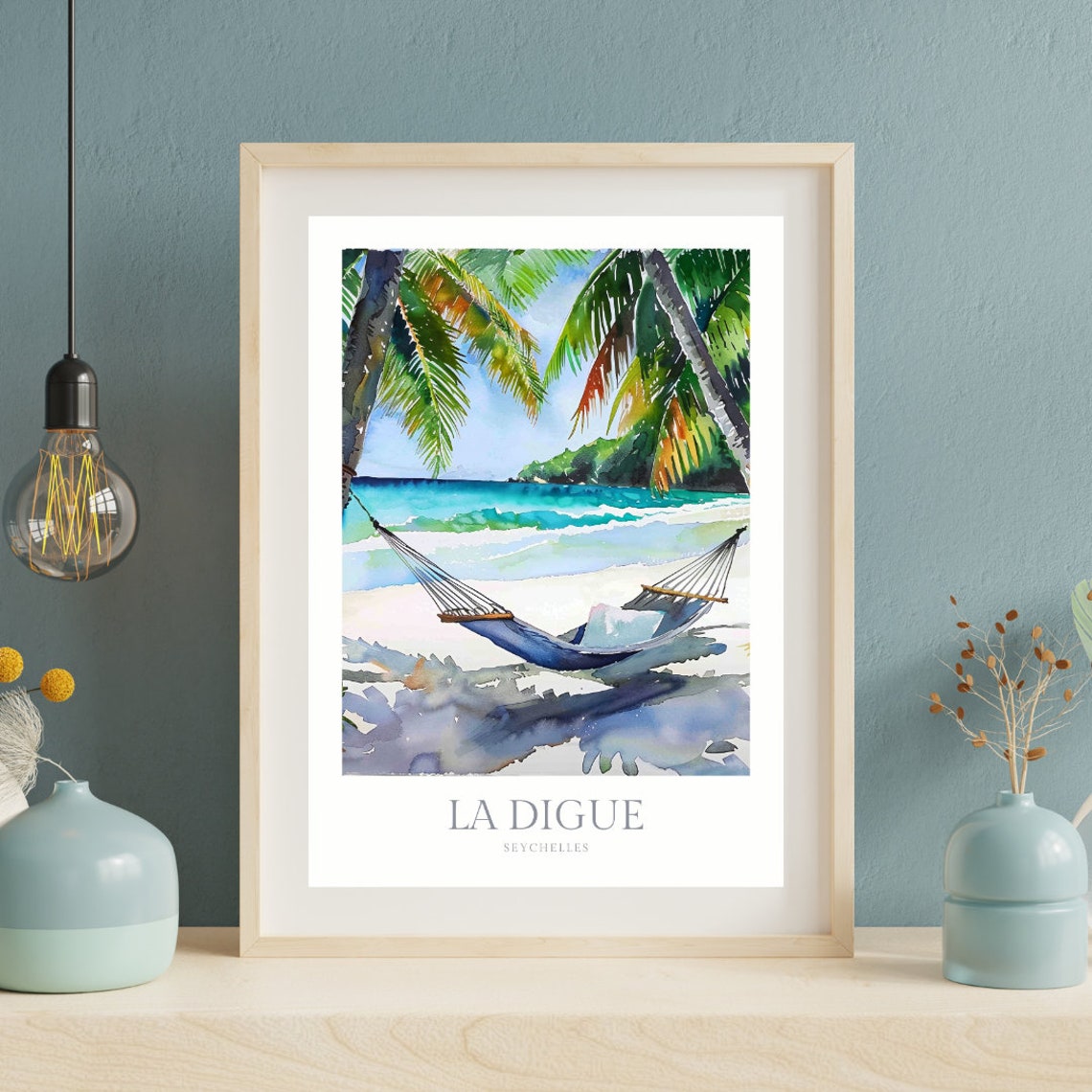 Tropical La Digue Seychelles Beach Hammock Watercolor Poster - Image 2