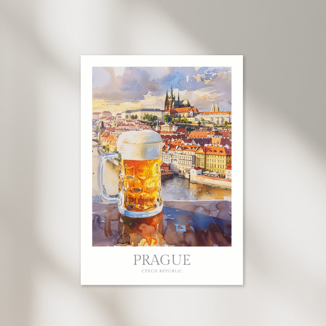Prague Watercolor Beer Mug Castle View Czech Beer Culture Poster