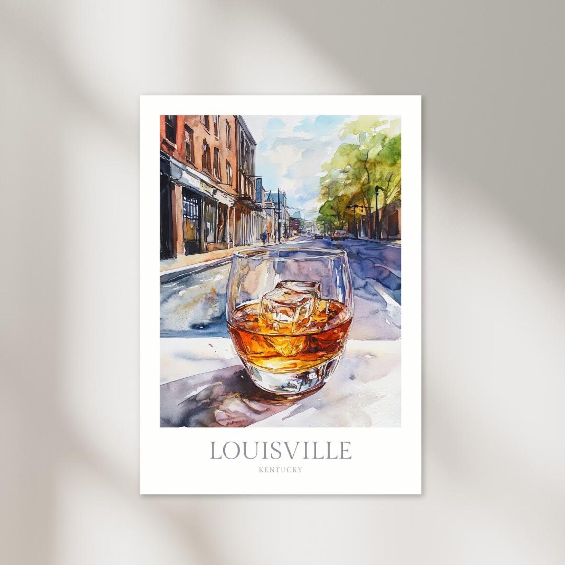 Louisville Kentucky Bourbon Glass Street Watercolor Bar Art Poster