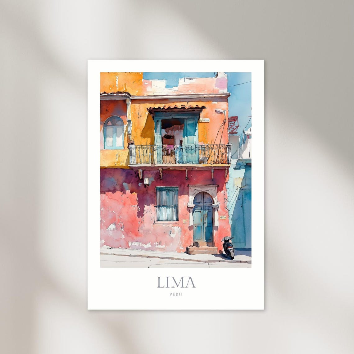 Lima Peru Colorful Colonial Street Building Watercolor Old Town Poster