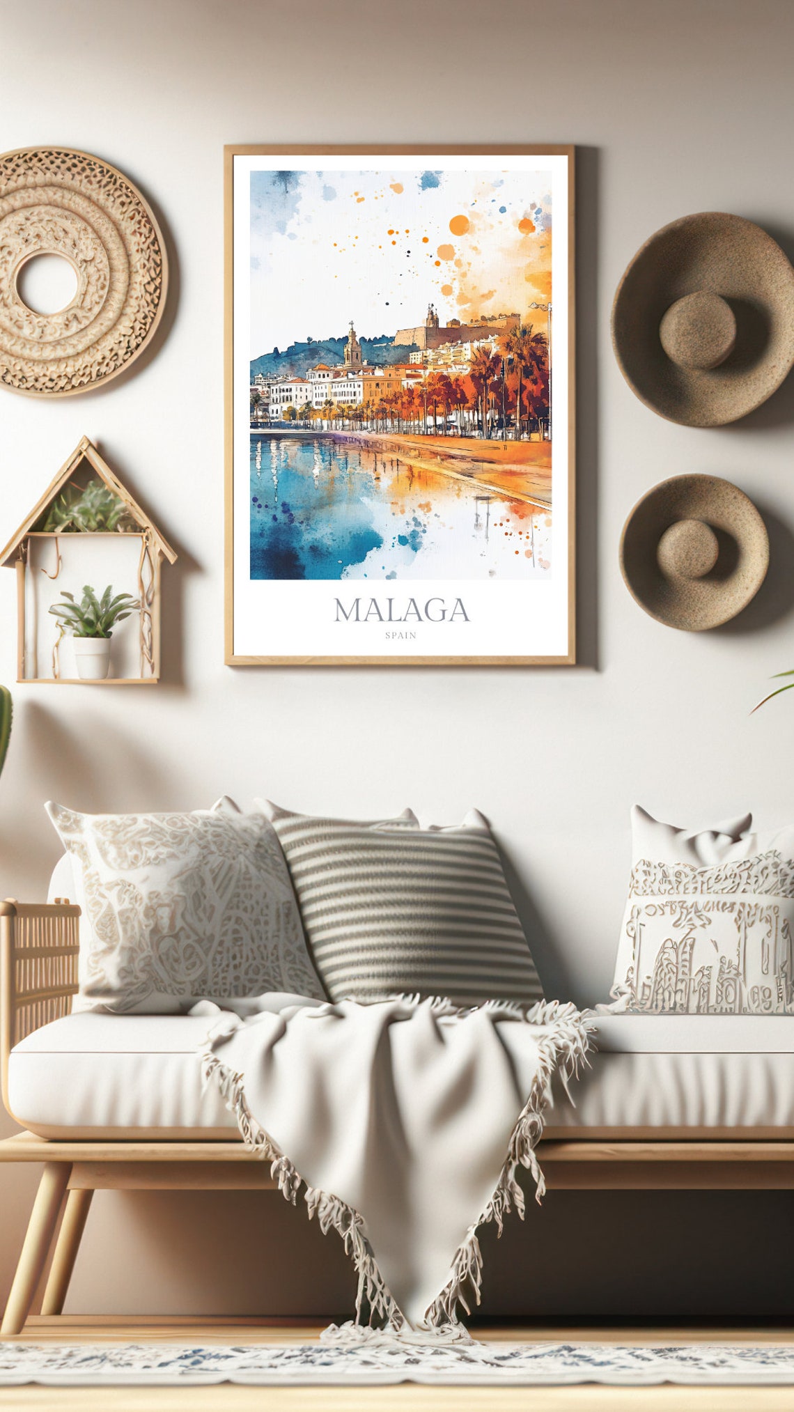 Malaga Spain Harbor Waterfront Cathedral Sunset Watercolor Poster - Image 2
