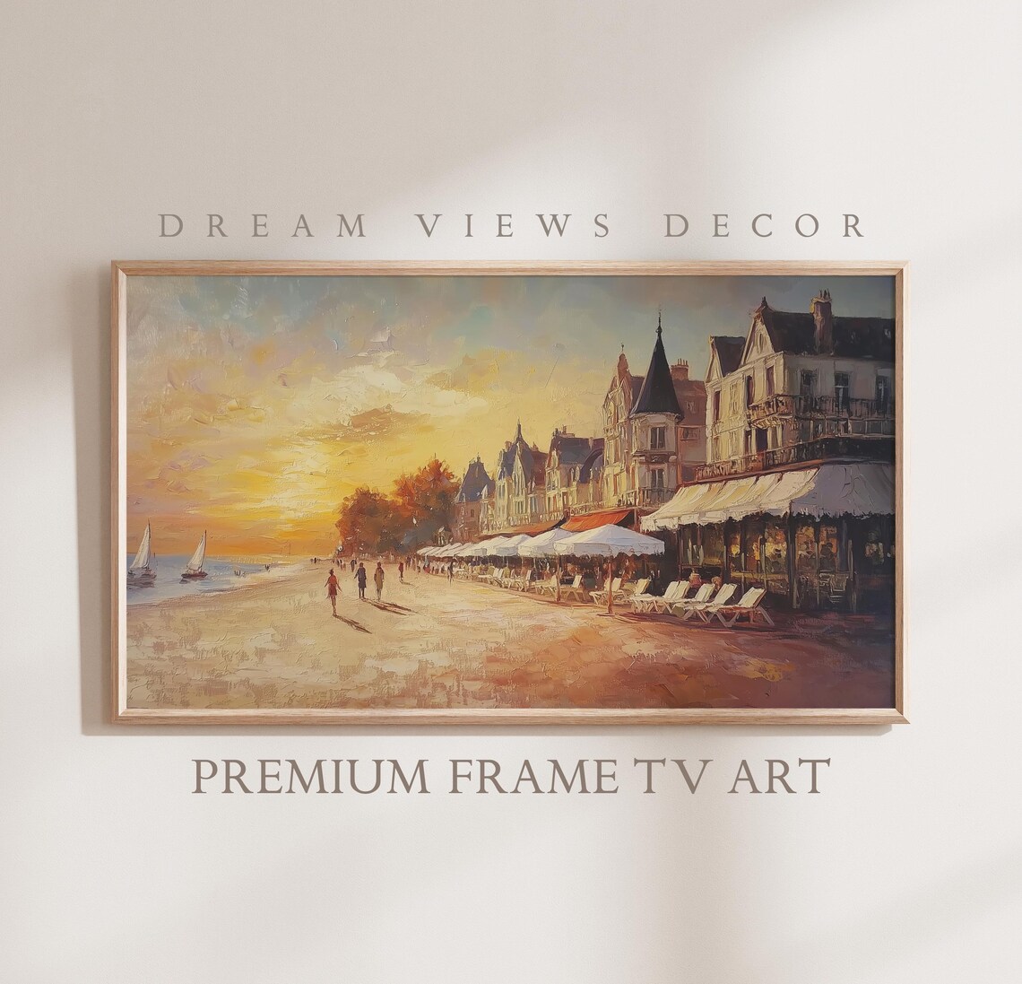 Sunset Beach Promenade Seaside Town Vintage Oil Painting Coastal Poster