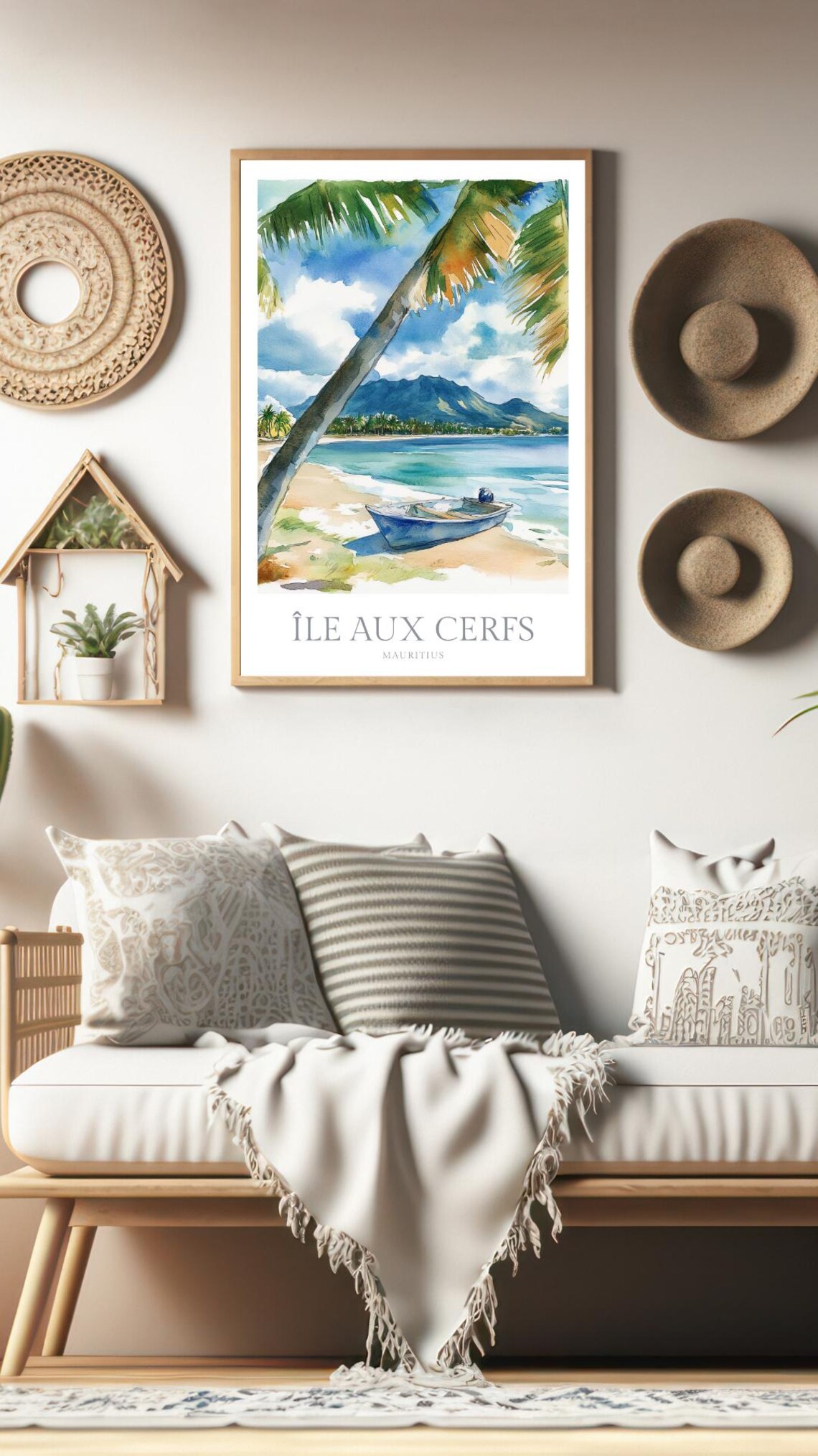 Ile Aux Cerfs Mauritius Beach Palm Boat Tropical Watercolor Poster - Image 2