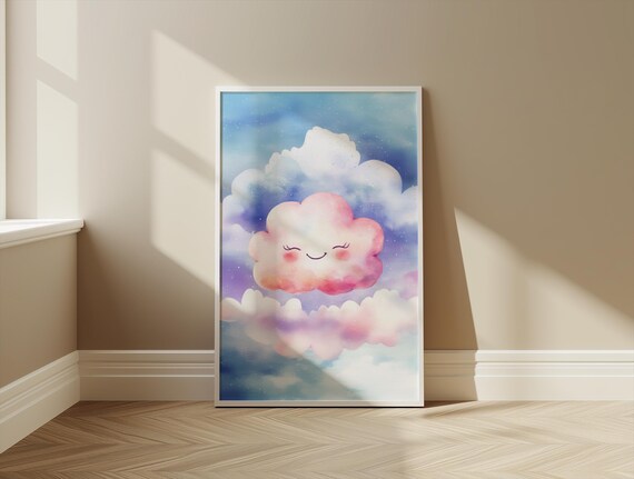 Pink Smiling Cloud Pastel Watercolor Nursery Baby Room Poster