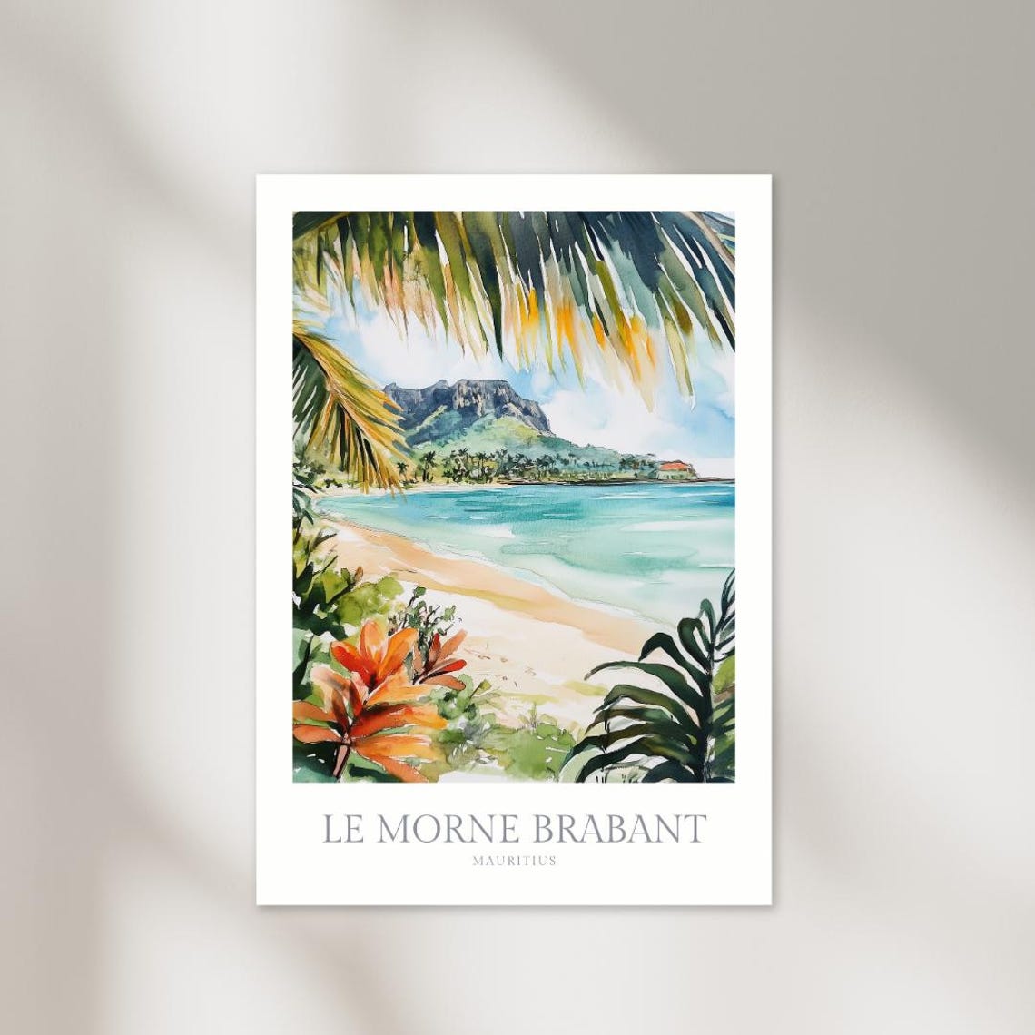 Le Morne Brabant Mauritius Beach Mountain Watercolor Travel Poster