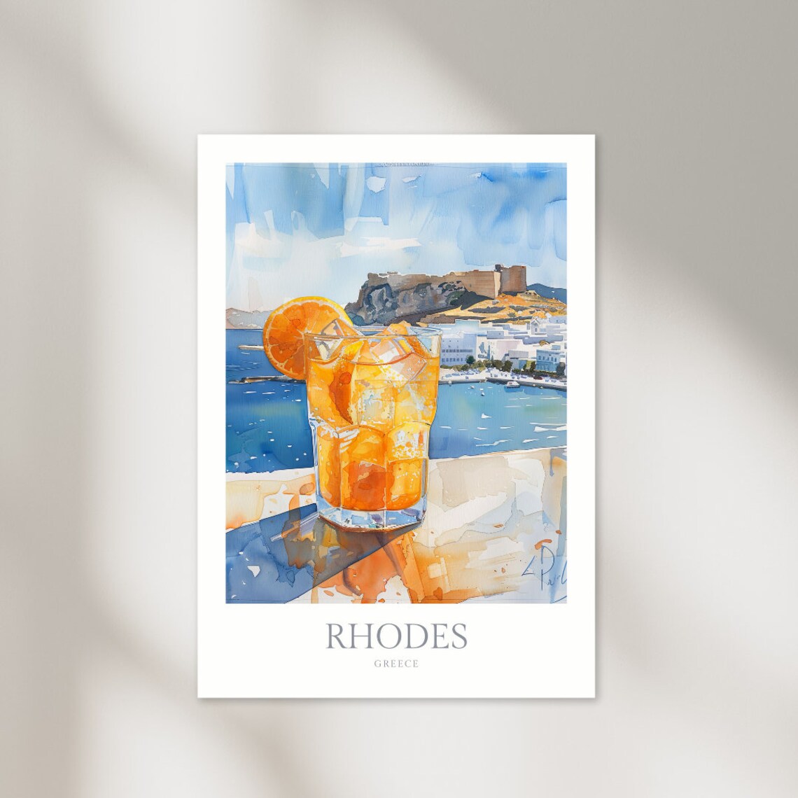 Rhodes Greece Watercolor Cocktail Harbor Travel Poster Artwork