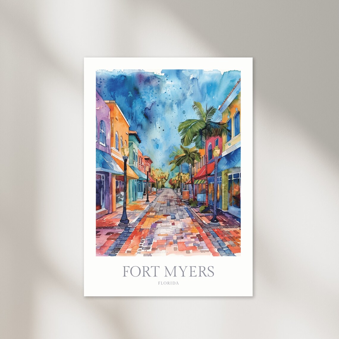 Tropical Fort Myers Florida Colorful Downtown Street Palm Trees Poster