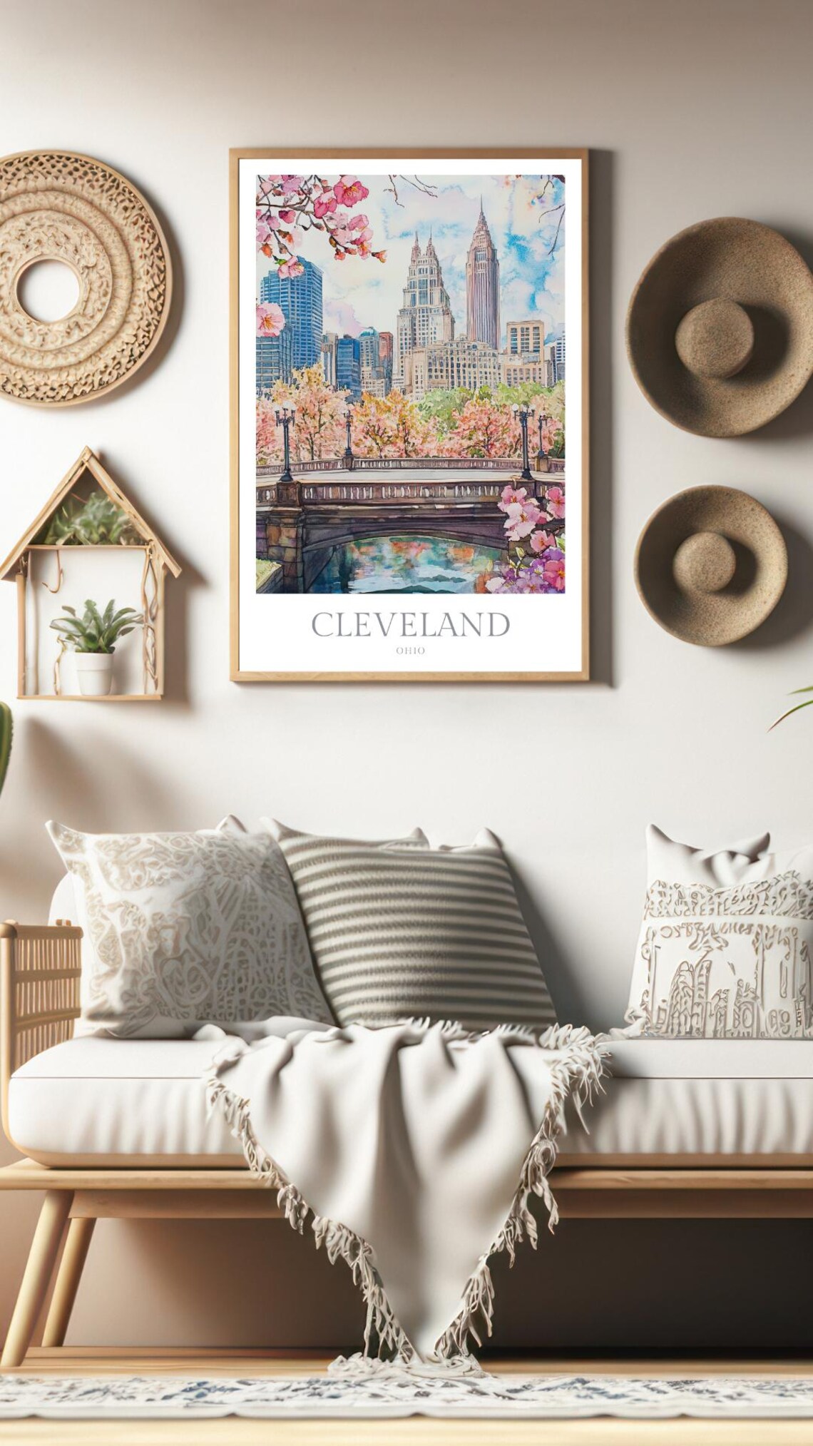 Cleveland Ohio Spring Skyline Cherry Blossoms Bridge Watercolor Poster - Image 2