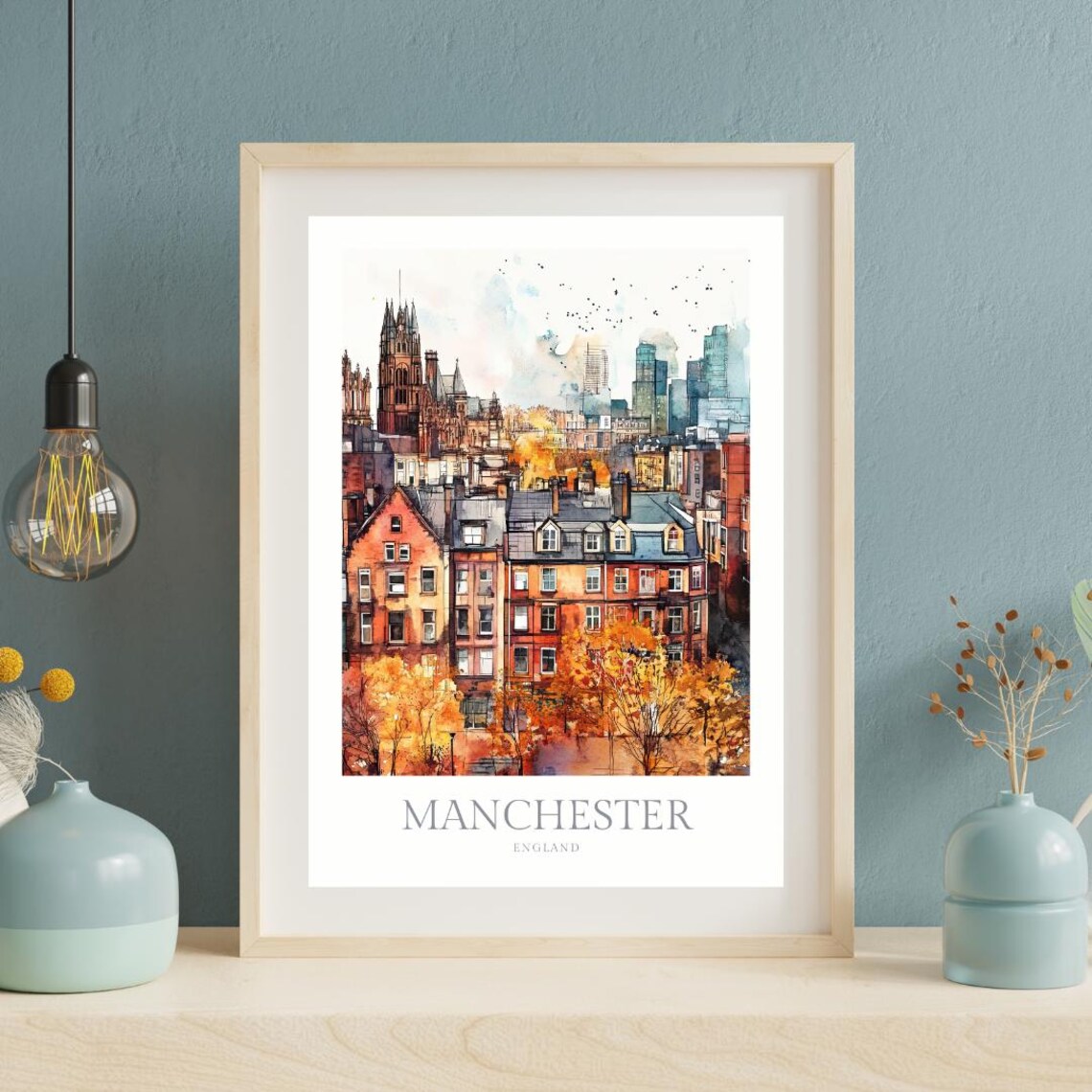Manchester England Watercolor Autumn Skyline Cityscape Art Poster - Image 2