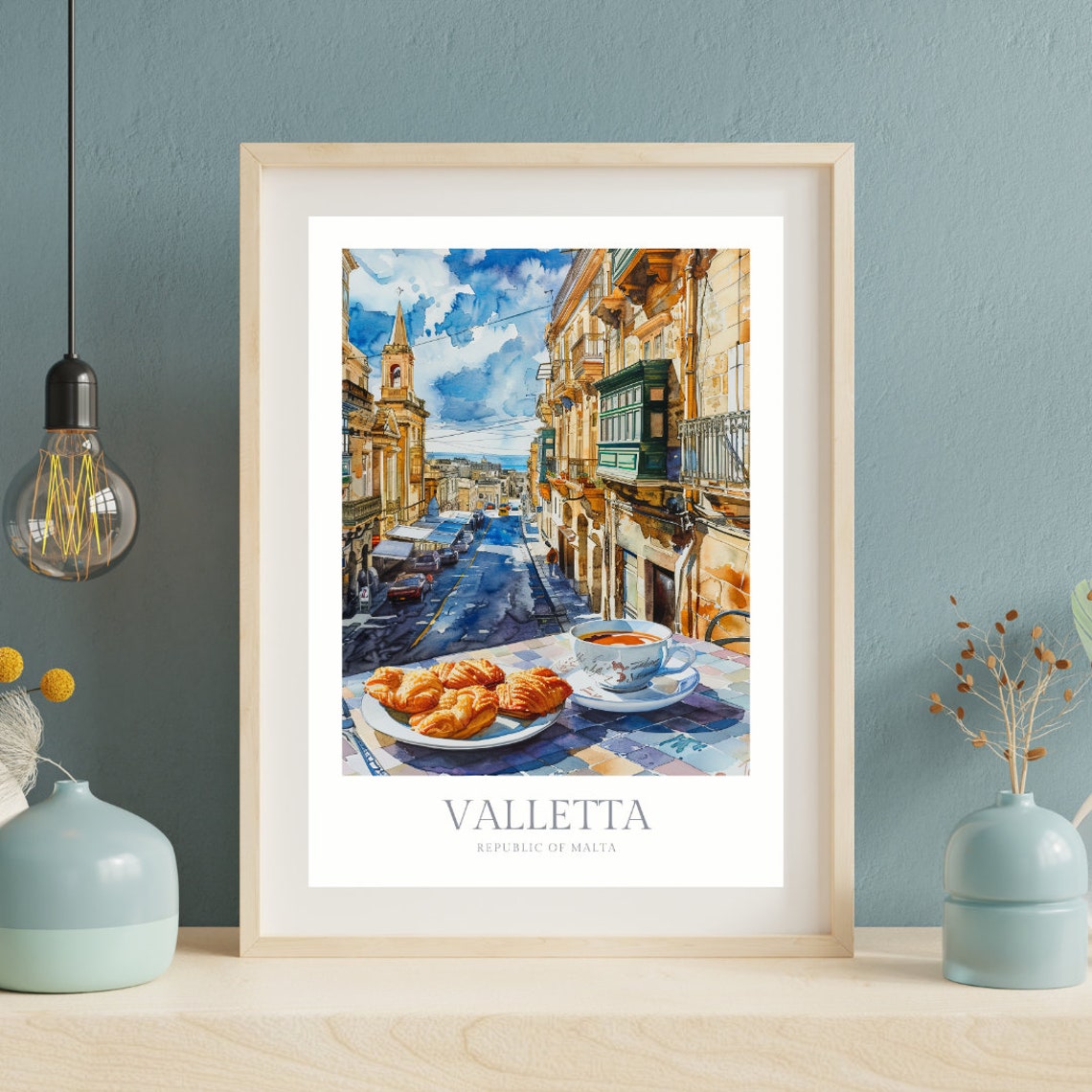 Valletta Malta Cafe Table Croissants Church Street Watercolor Poster - Image 2