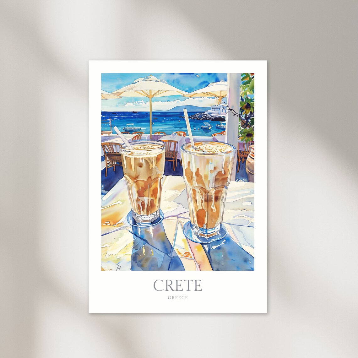 Crete Greece Iced Coffee Seaside Cafe Watercolor Travel Poster