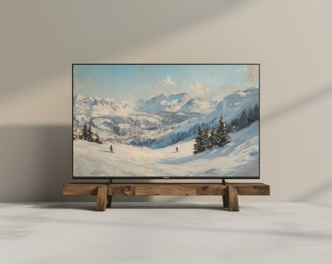 Winter Frame Tv Art Skiing Holiday Frame Tv Art Skiers Winter Snowy Mountains Vintage Rusty Oil Painting Swiss Alps Frame Tv Art - Image 3