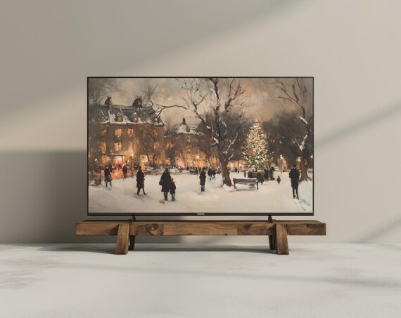 Cozy Christmas Tree Snowy Village Vintage Painting Frame TV Poster