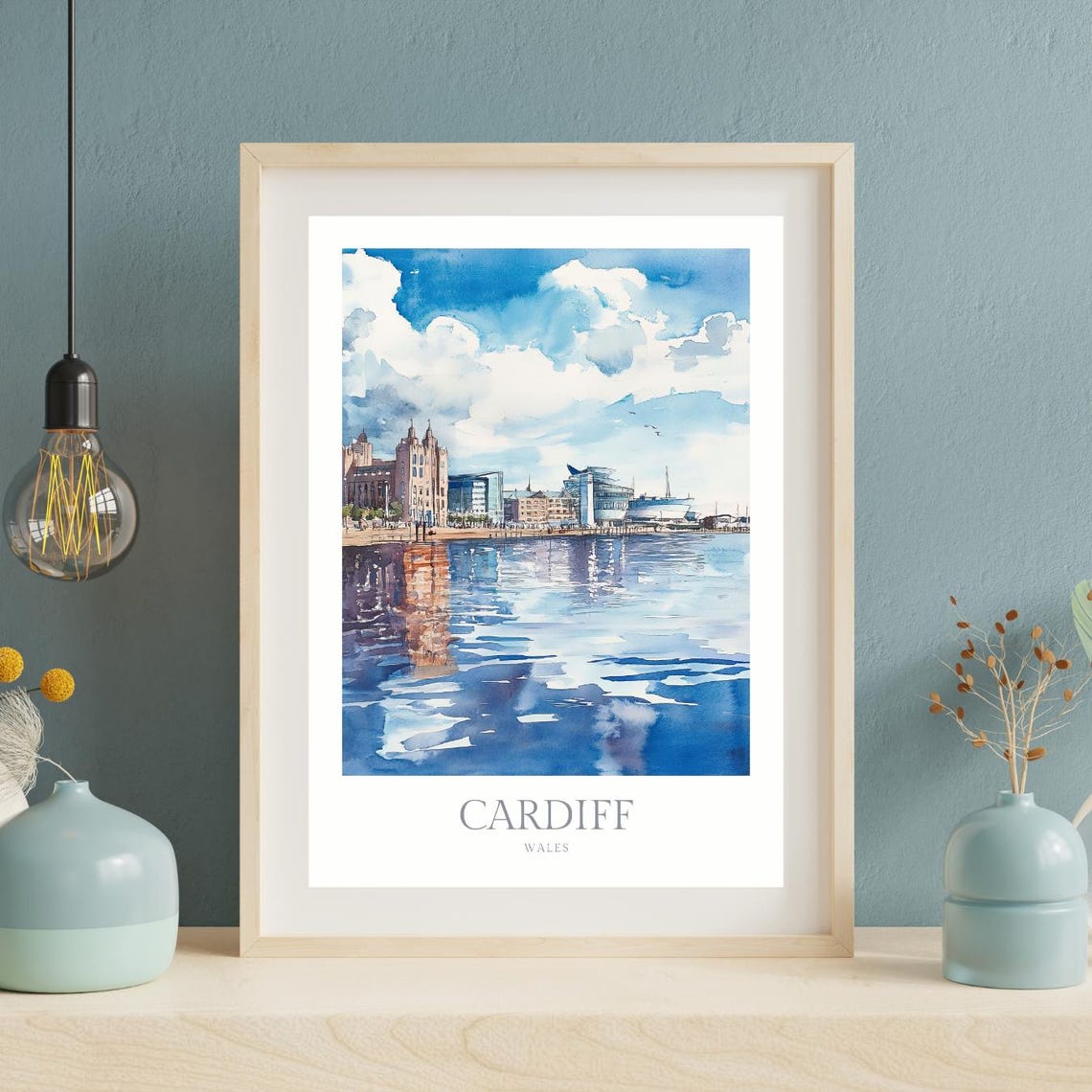 Cardiff Wales Bay Skyline Watercolor Harbor Scene Art Poster - Image 2