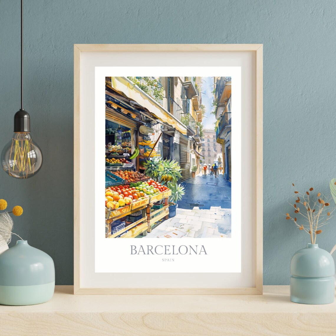 Barcelona Spain Fruit Market Street Watercolor Travel Poster - Image 2