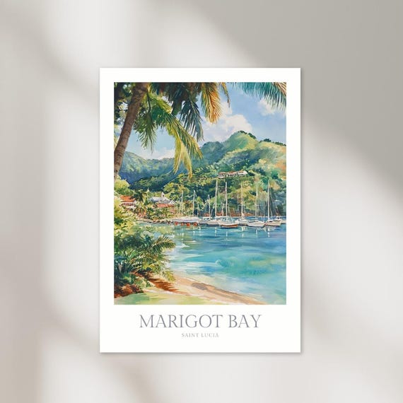 Marigot Bay Saint Lucia Harbor Sailboats Watercolor Poster Art