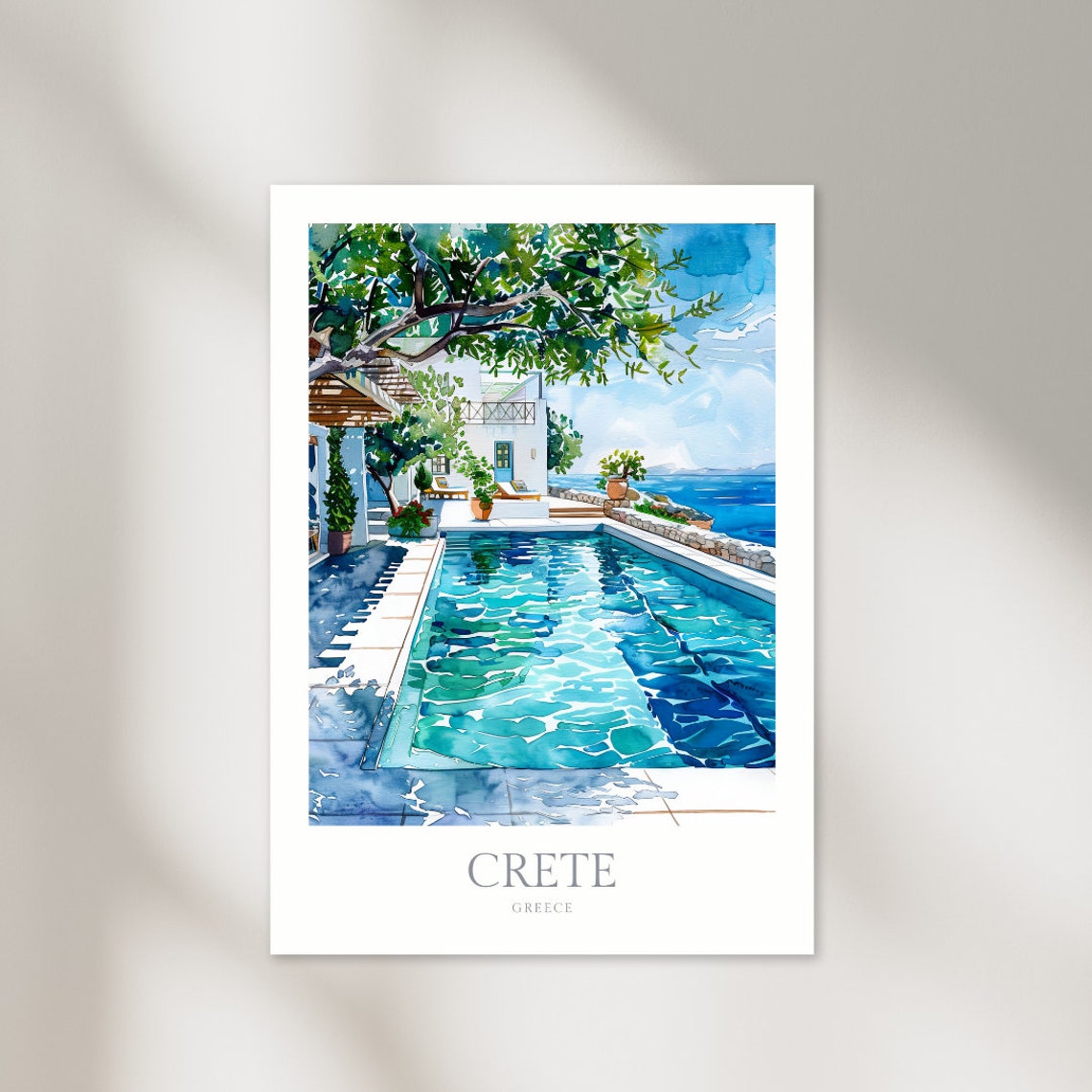 Crete Greece Seaside Villa Pool Terrace Aegean Watercolor Poster