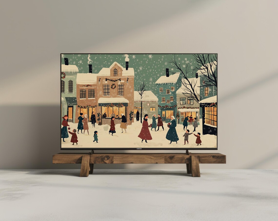 Frame Tv Art Vintage Festive Christmas Village Frame Tv Art Winter Rustic Holiday Christmas Farmhouse Decor Winter Landscape Tv Art - Image 3
