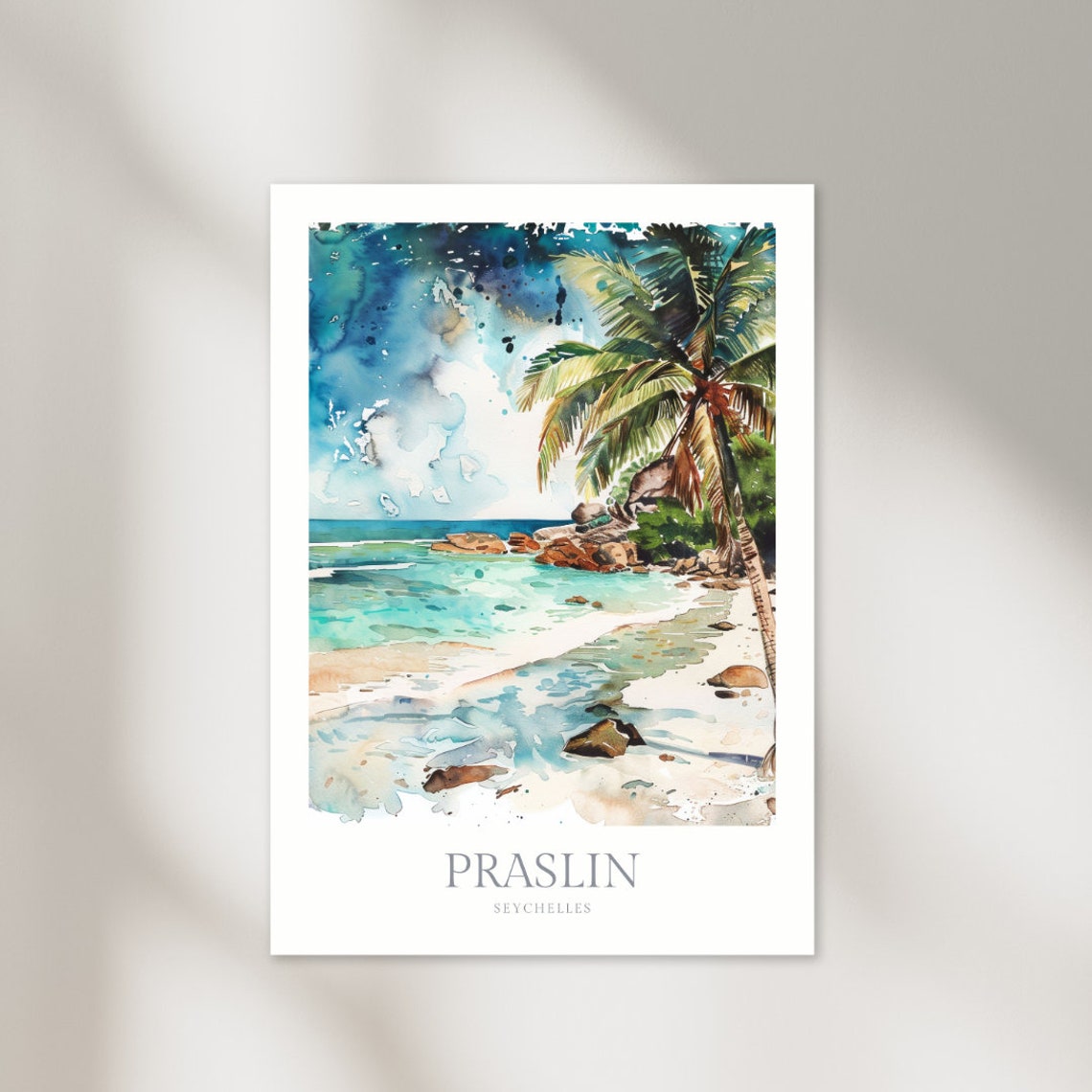 Praslin Seychelles Palm Beach Turquoise Water Watercolor Poster