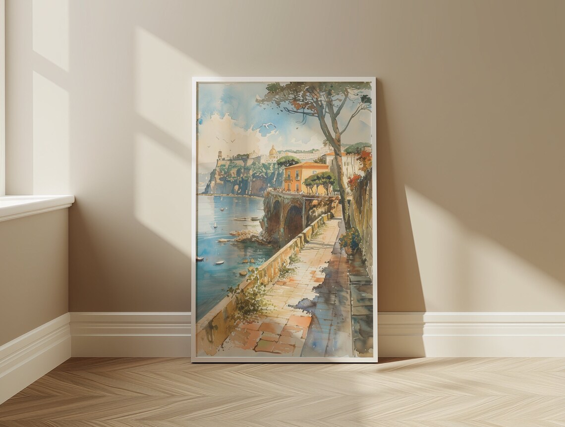 Sorrento Italy Seaside Cliffside Coastal Walk Watercolor Art Print - Image 3