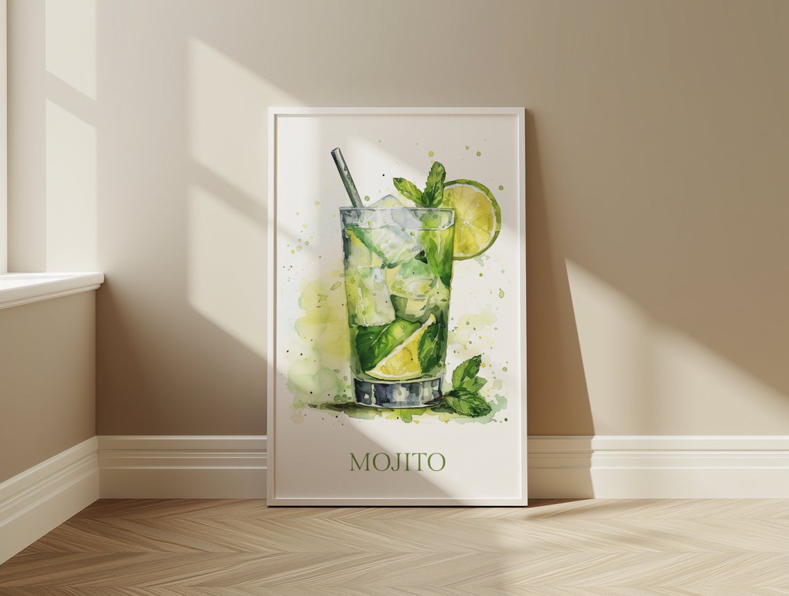 Mojito Cocktail Mint Lime Watercolor Summer Bar Decor Poster - Image 2