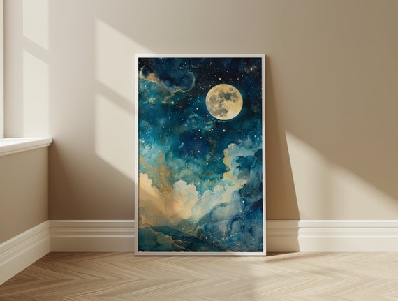 Celestial Moon Vintage Watercolor Painting Art Print Poster Drawing Wall Art Print Sky Home Decor