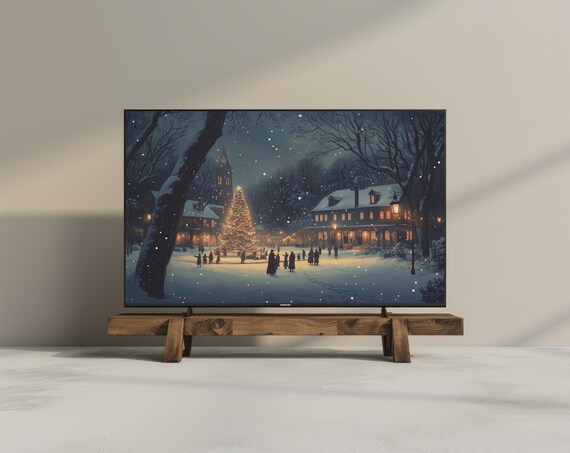 Snowy Christmas Village Night Lit Tree Frame TV Print Holiday