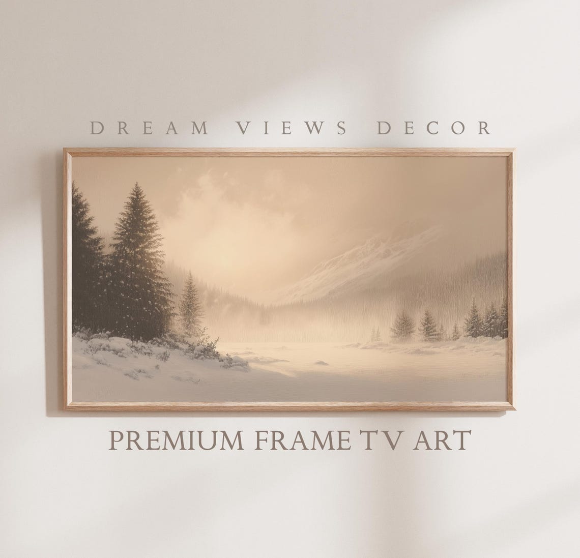 Snowy Pine Trees Winter Sunrise Warm Beige Landscape Frame TV Poster