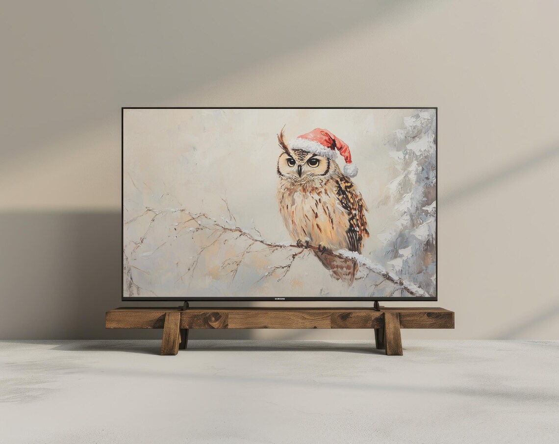 Christmas Owl Santa Hat Snowy Branch Cute Winter Wildlife Wall Art - Image 3