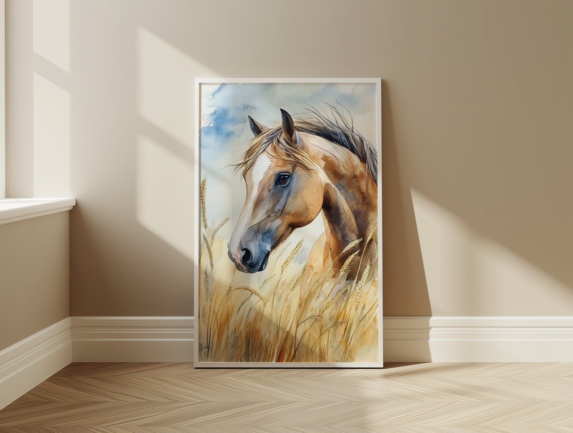 Golden Horse Portrait in Wheat Field Sunset Watercolor Poster - Image 3
