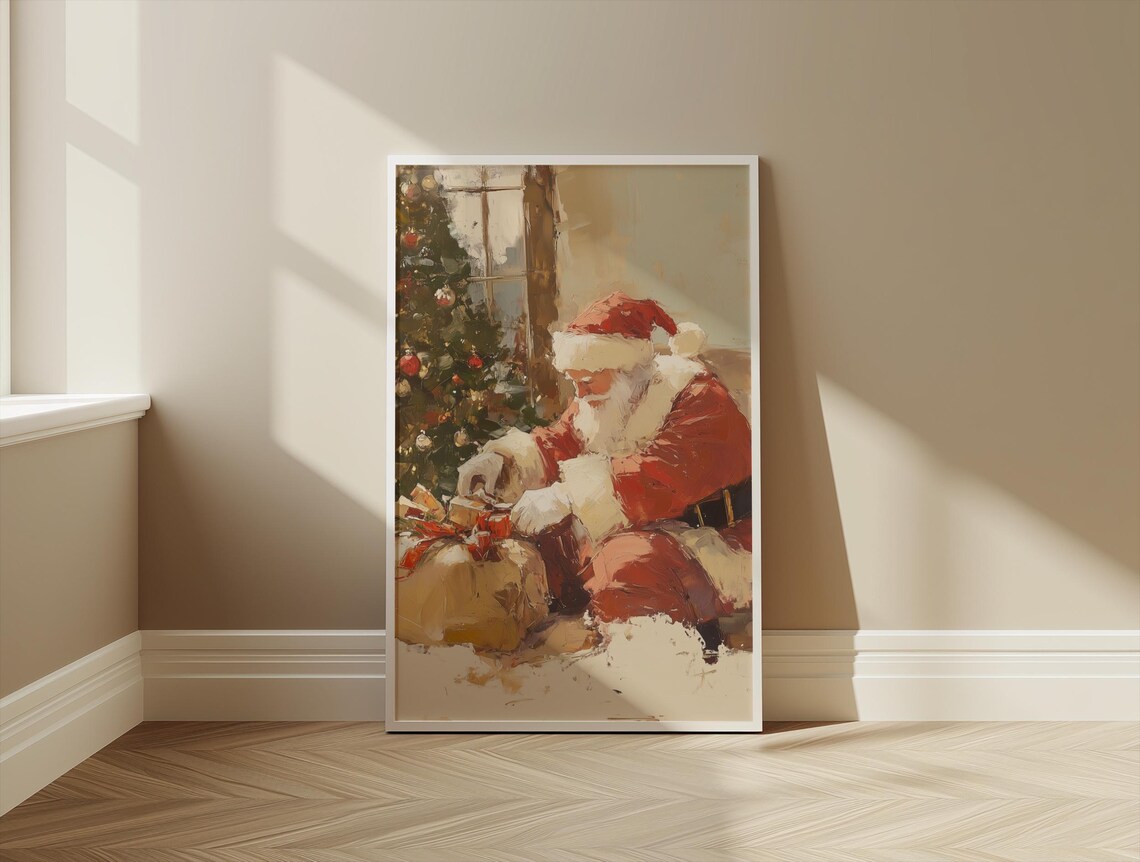Santa Claus Vintage Christmas Oil Painting Holiday Gift Wall Art - Image 3